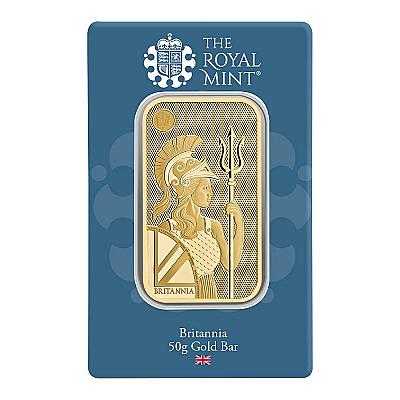 The Royal Mint 50 Gram Britannia Gold Bar front