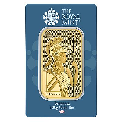 The Royal Mint 100 Gram Britannia Gold Bar front