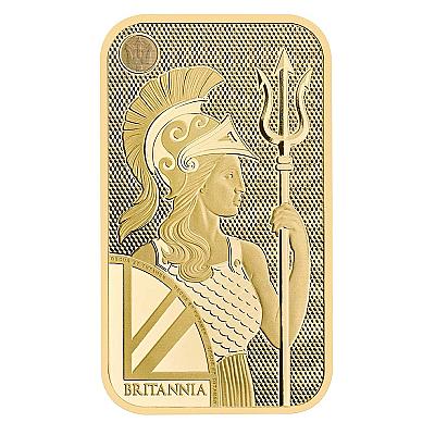 The Royal Mint 1 Ounce Britannia exc sleeve Gold Bar front
