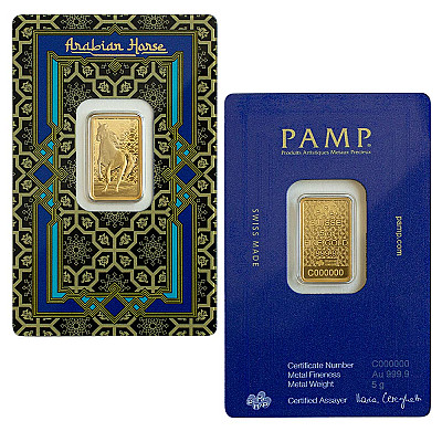 PAMP Boxed Arabian Horse 5 Gram Gold Bar Attributes Images